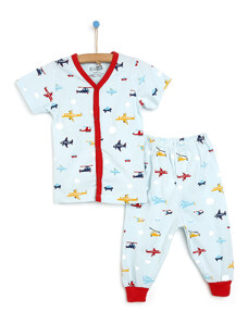 HelloBaby Basic Erkek Bebek Baharlık Kısa Kol Çıtçıtlı Pijama Takımı - Açık Mavi
