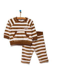 For My Baby Çizgili Kadife Cep Detaylı Sweatshirt-Pantolon - Kahverengi