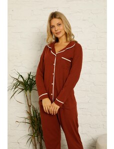 Akbeniz Kadın %100 Pamuk Önden Düğmeli Uzun Kol Pijama Takım 2766