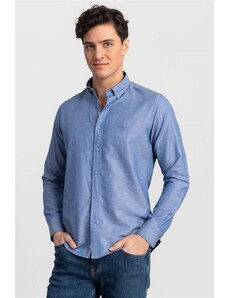 TUDORS Erkek Slim Fit Dar Kesim Pamuklu Kolay Ütülenebilir Düğmeli Yaka Düz Sax Mavi Spor Gömlek