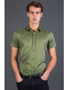 TUDORS Modern Slim Fit Kısa Kollu Düz Saten Erkek Haki Yeşil Gömlek