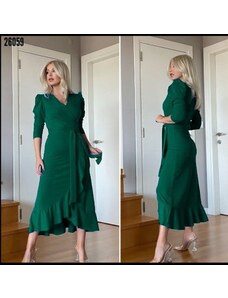 Janes Kadın Yeşil Krep Kumaş Midi Boy Kuşaklı Uzunkol Elbise