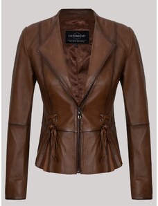 Derimont's Hakiki Deri Kahverengi Bel Detay İşlemeli Fermuarlı Kadın Deri Ceket