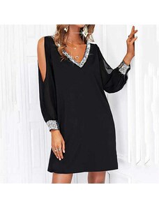 Janes Kadın Siyah Uzun Kollu Kollar Tül Yırtmaçlı V Yakalı Kısa Krep Elbise