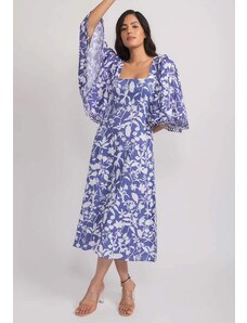 Aroop Floral Midi Dress Flared Sleeves - Blue