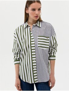 Pierre Cardin Yeşil Çizgili Oversize Uzun Kollu Gömlek