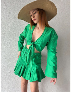 Cappmoda Tkm-03415 Yeşil Bağlama Detay Bluz Pileli Etek İkili Takım