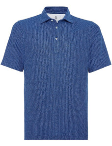 Brunello Cucinelli Erkekler İçin Polo Tişörtler, Polo Gömlekler, Baskılı Tişörtler, Ribbedknit Polo Shirt, Mavi denim, Pamuk, 2024, L M S