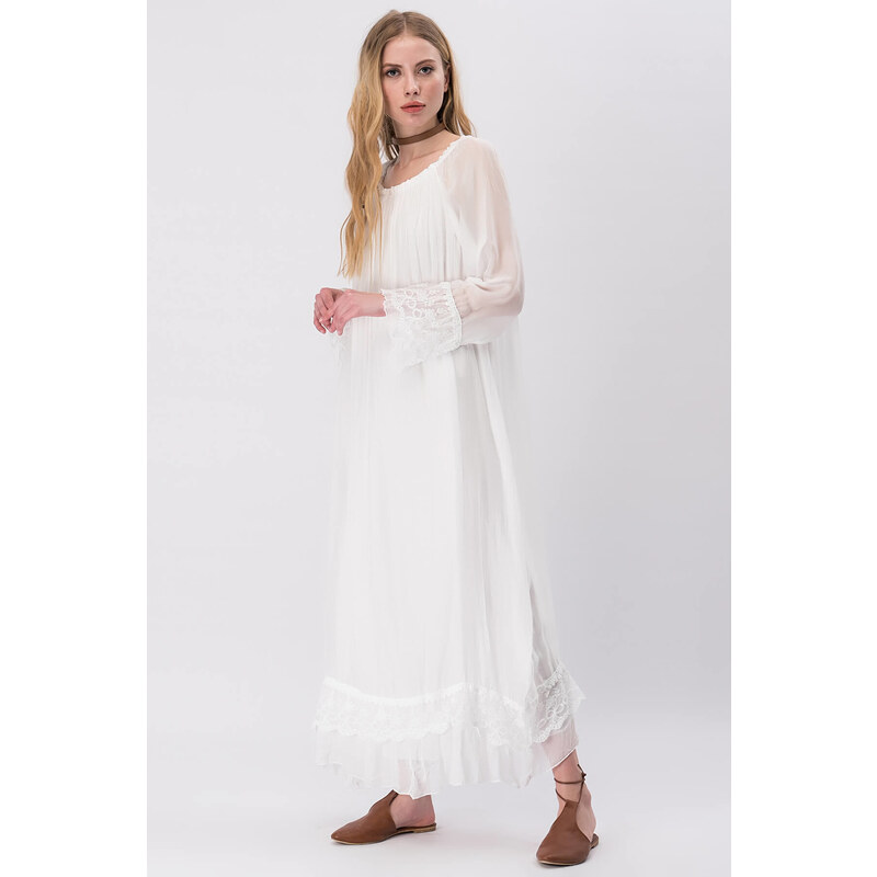 Y-London Kadın Beyaz İtalyan Kayık Yaka İpek Elbise T-8920 - Glami