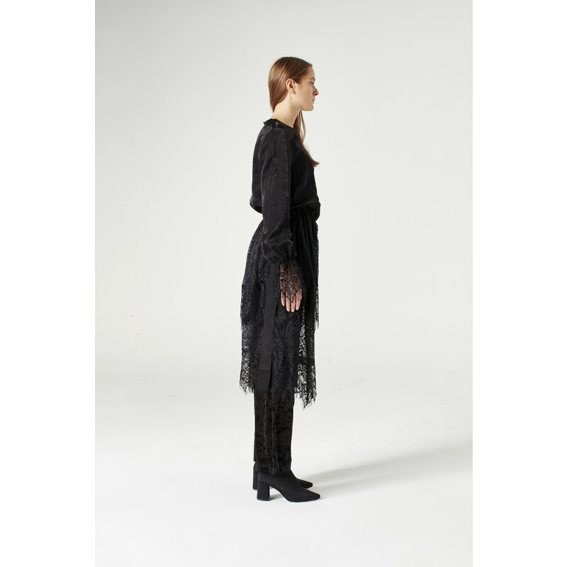 Mizalle Dantel Kuşaklı Tunik Elbise (Siyah)