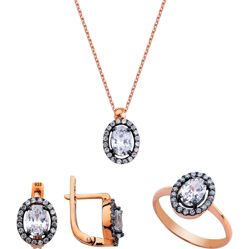 Harem Altın Oval Pırlanta Montür Gümüş Set GMS151