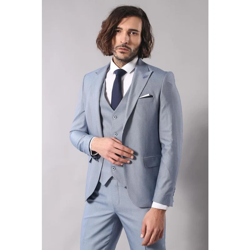 Self-Patterned Soft Blue Men's Vested Suit | Wessi
