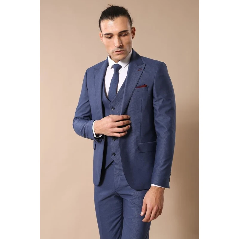 Peak Collar Blue Suit with Vest | Wessi