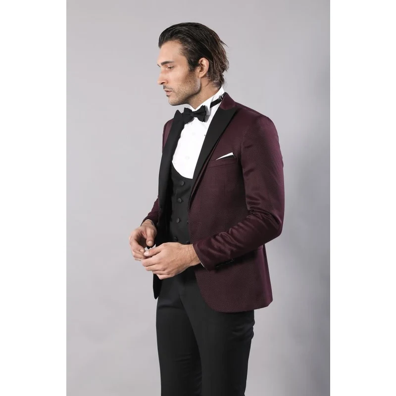 Wessi Patterned Blazer Plain Vest and Trousers Claret Red Tuxedo