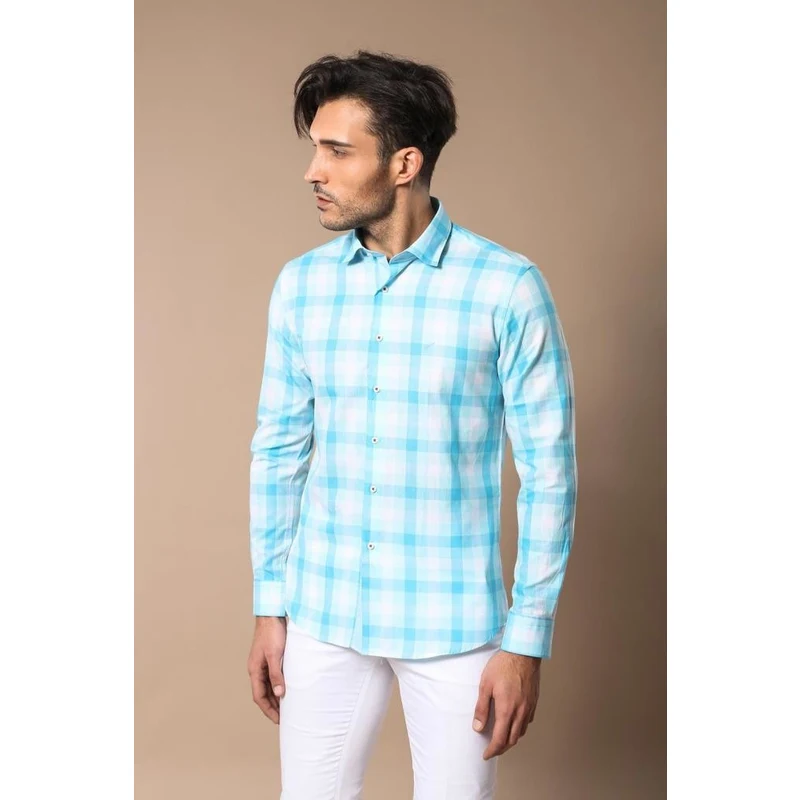 Wessi Slim Fit Plaid Patterned Ice Blue Shirt