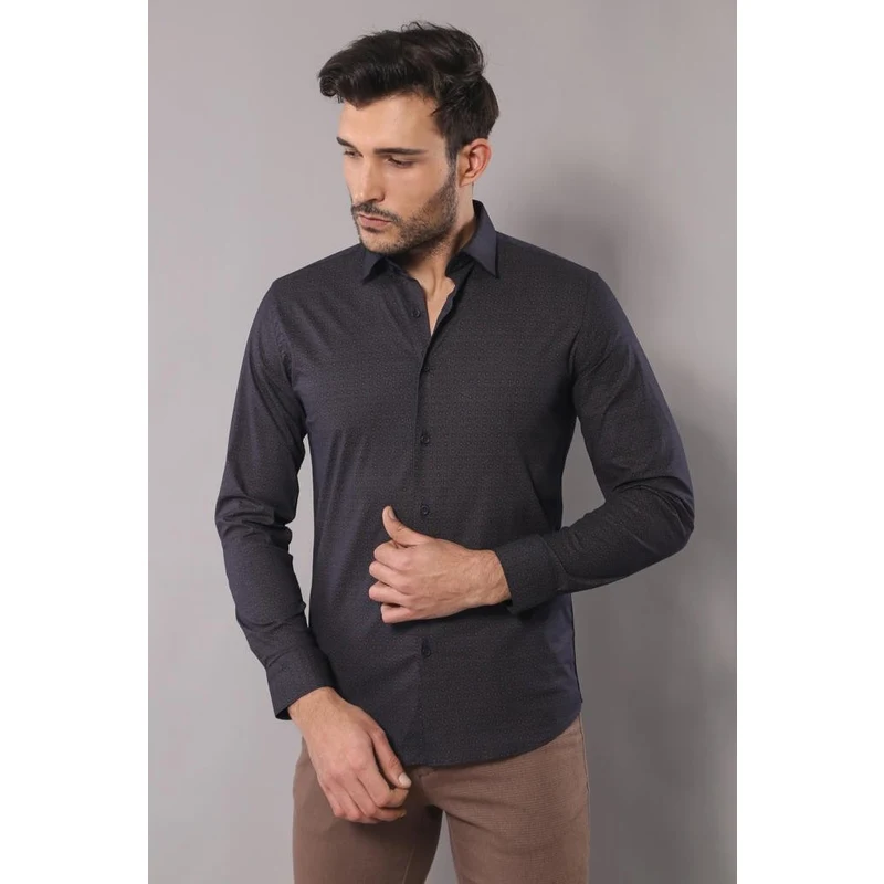 Wessi Self Coffee Color Point Pattern Smoked Color Slimfit Shirt