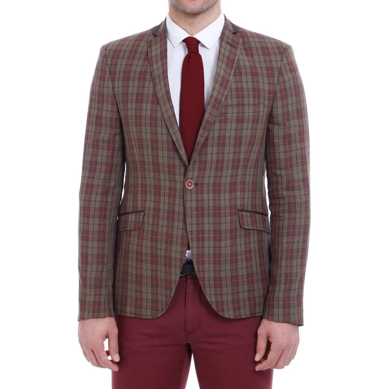 Wessi Plaid Slim Fit Brown Blazer