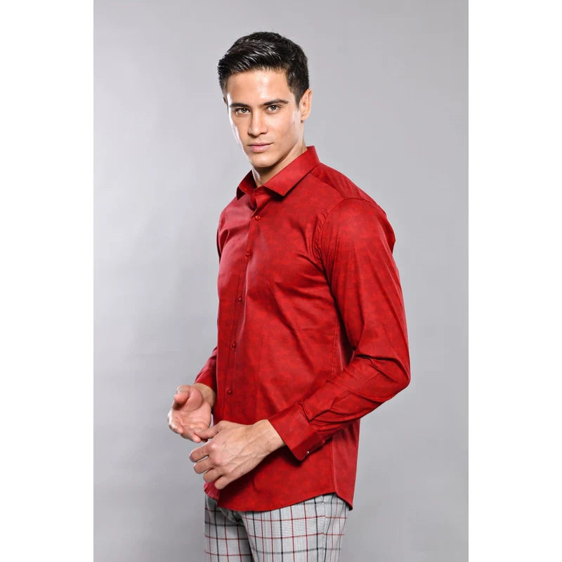 Wessi Burgundy Slimfit Shirt with Self Flower Pattern