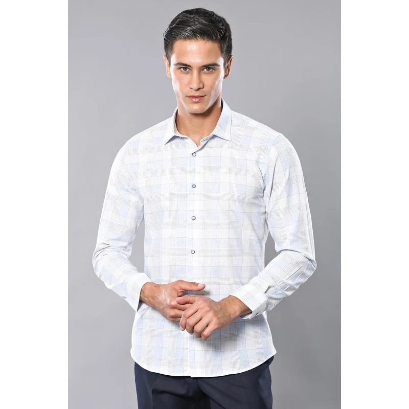 Wessi Slim Fit Checked Ice Blue Shirt
