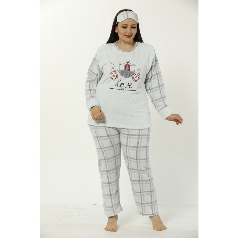 Akbeniz Büyük Beden Kadın Yazı Desenli Polar Pijama Takımı 8045