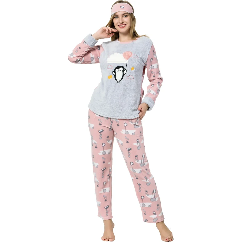 Akbeniz Kadın Penguen Desenli Somon Gri Polar Pijama Takımı 8054