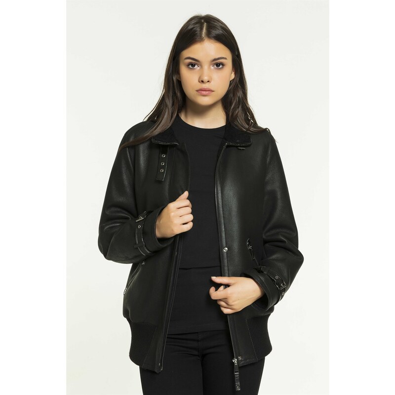 Black Noble DOLLY Kadın Kolej Siyah Kürklü Deri Ceket