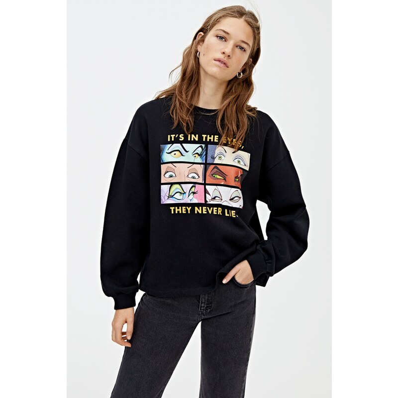 Pull Bear Kad n Siyah Disney Kotu Karakterlerin Gozleri Bask l Siyah Sweatshirt Glami