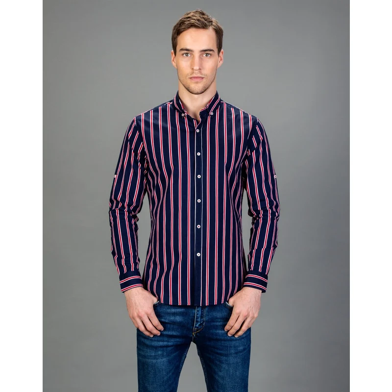 TUDORS Süper Slim Fit Çizgili Likralı Erkek Gömlek
