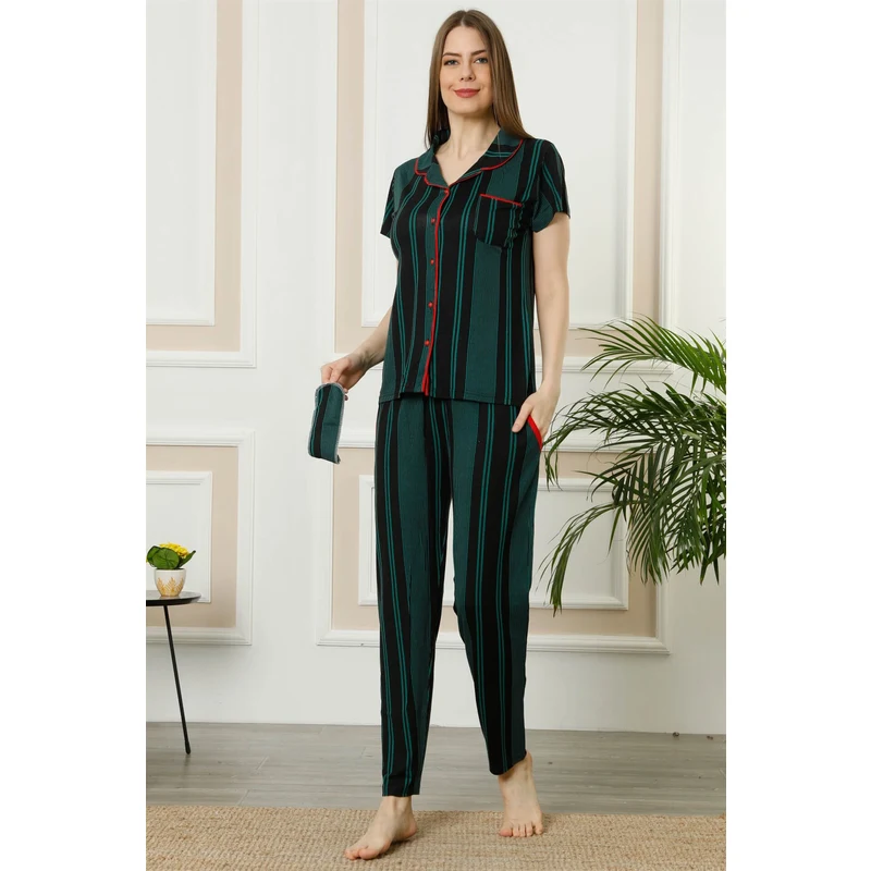 Akbeniz Kadın Yeşil Siyah Pamuklu Düğmeli Cepli Kısa Kol Pijama Takım 2396