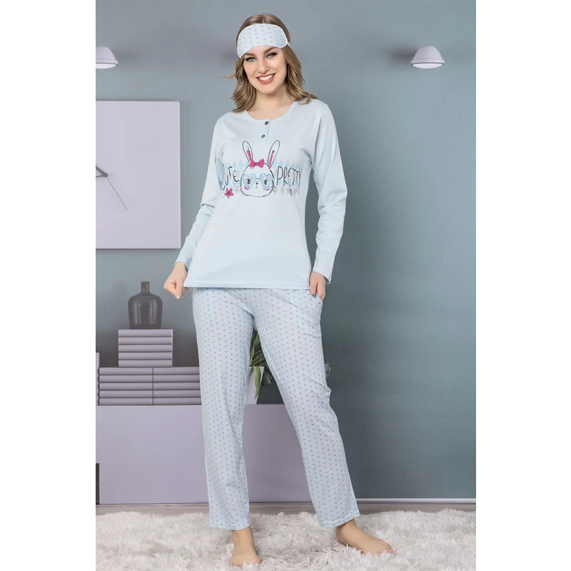 Akbeniz Kadın Mavi Pamuklu Cepli Uzun Kol Pijama Takım 2465