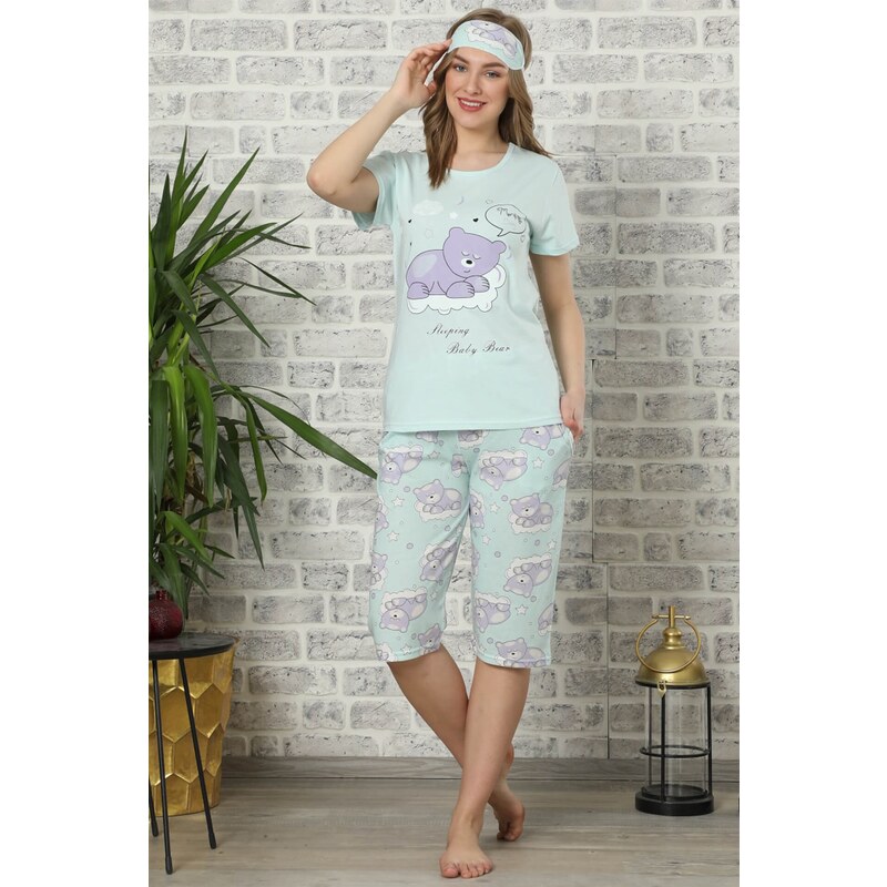 Akbeniz Kadın Su Yeşili Pamuklu Cepli Kapri Pijama Takım 3508