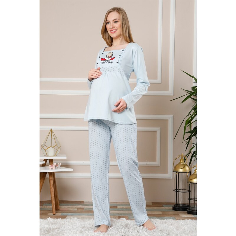 Akbeniz Kadın Mavi Renk Pamuklu Hamile Pijama Takımı 4512