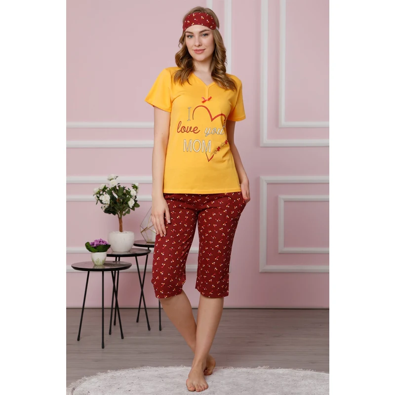Akbeniz Kadın Sarı Pamuklu Cepli Kapri Pijama Takım 3517