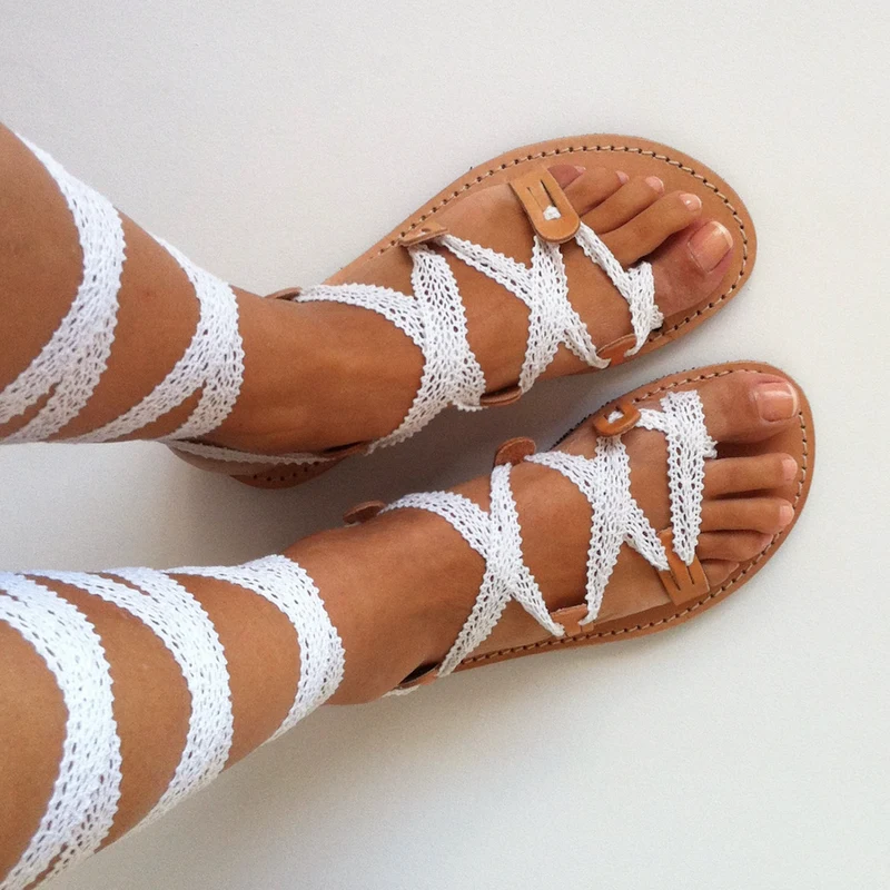 Grecian Sandals White Lace Up Leather Sandals