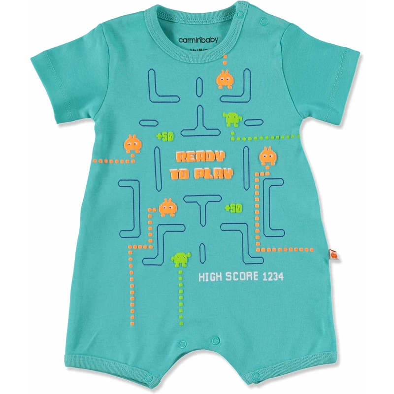 Carmin Baby Yaz Erkek Bebek Tetris Oyun Baskılı İnterlok Kısa Kol Reçme Çıtçıtlı Yaka Tulum - Yeşil