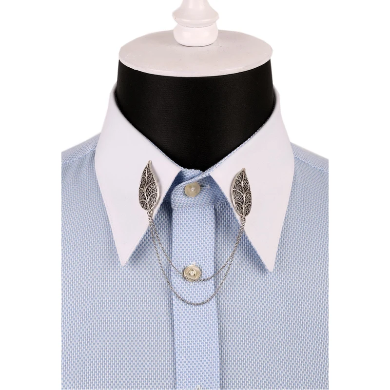 Kravatkolik Silver Color Leaf Pattern Shirt Collar Needle GI088