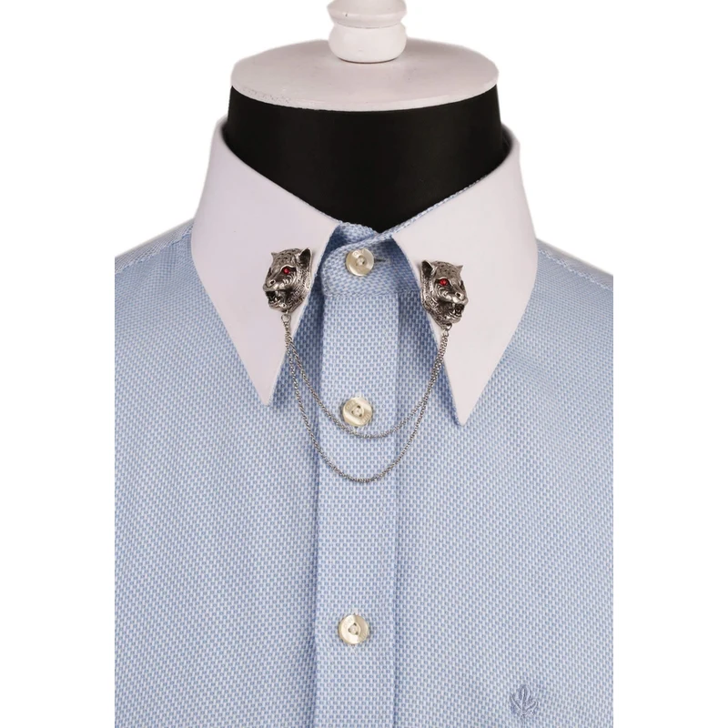 Kravatkolik Shirt Collar Pin with Tiger Figured Stone and Chain GI132