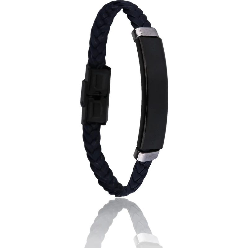 Kravatkolik Navy Blue - Black Leather Steel Man Bracelet BLK1531