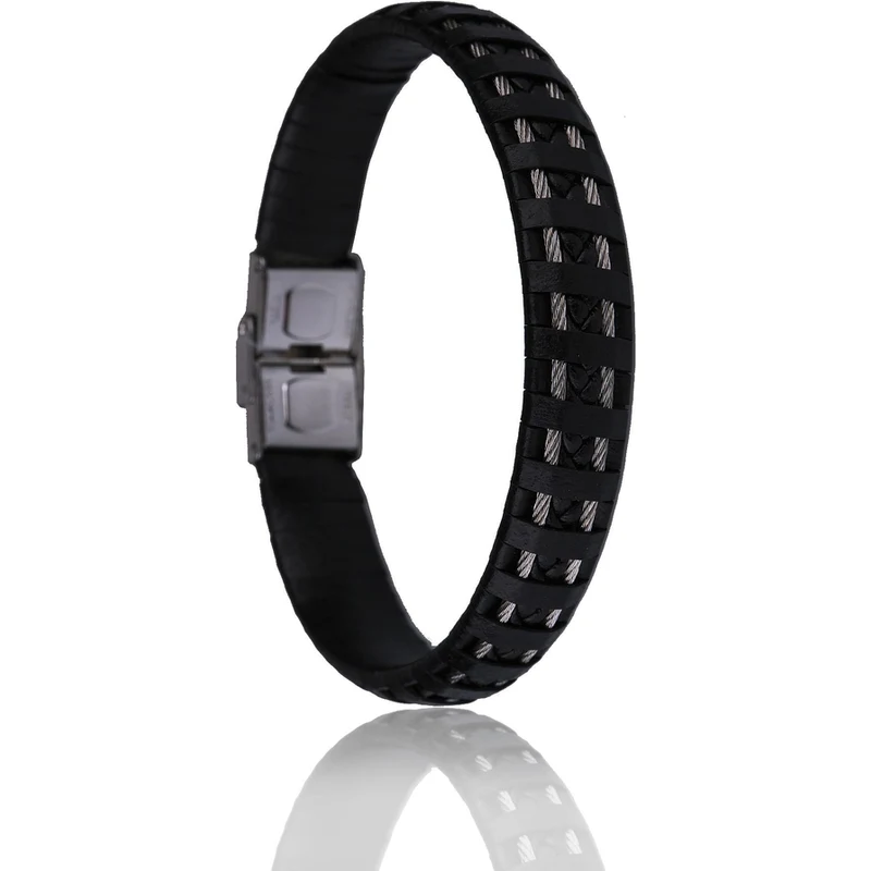 Kravatkolik Black Leather Steel Men's Bracelet BLK1551