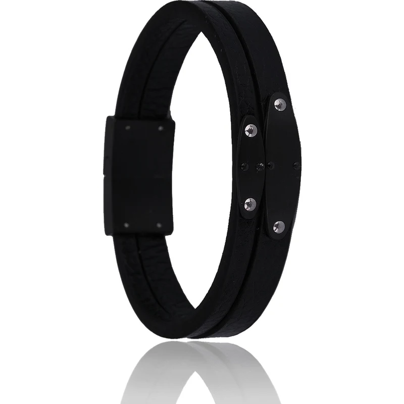 Kravatkolik Black Leather Steel Men's Bracelet BLK1556
