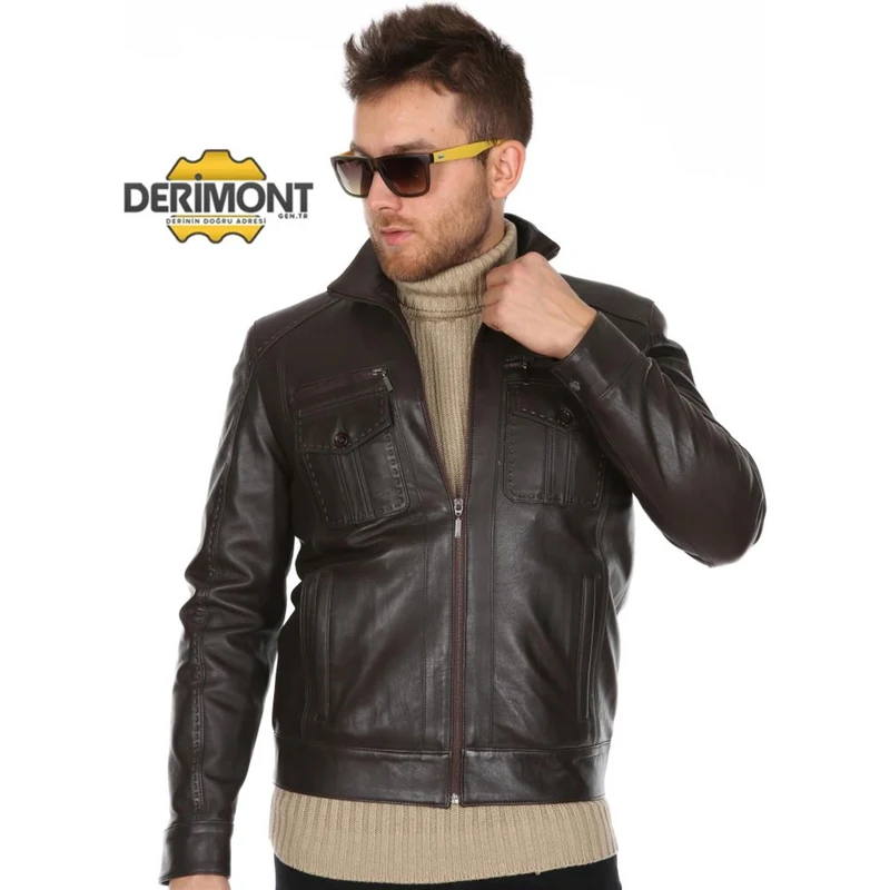Derimont's Hakiki Deri Siyah Gömlek Cepli Erkek Deri Ceket