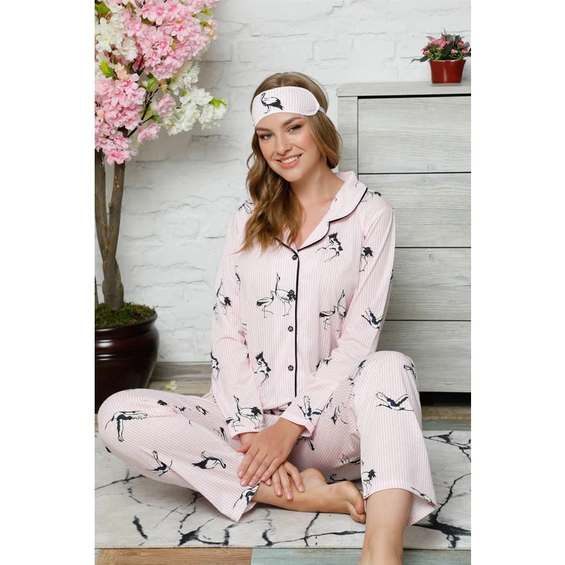 Akbeniz Kadın Pamuklu Düğmeli Cepli Uzun Kol Pijama Takım 2484