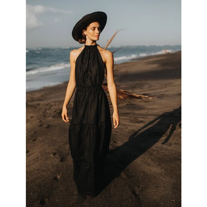 Luciee Backless Linen Maxi Dress In Black - Annely UB8087