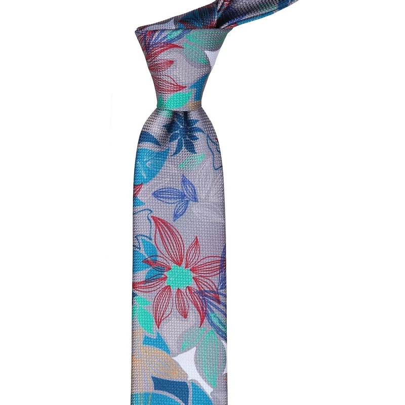 Kravatkolik Gray Floral Pattern Slim Tie SK7027