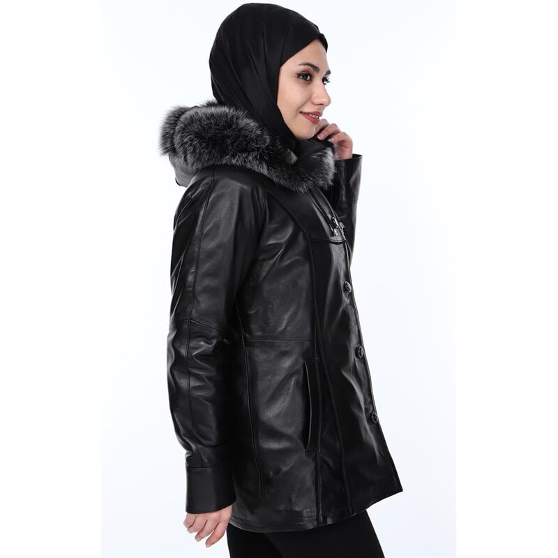 Derimont's Hakiki Deri Siyah Kürklü Kieran Kadın Ceket