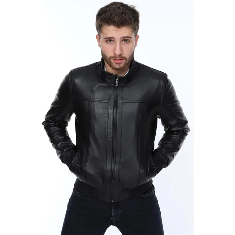 Derimont's Hakiki Deri Siyah Jack Beli Lastikli Erkek Deri Ceket