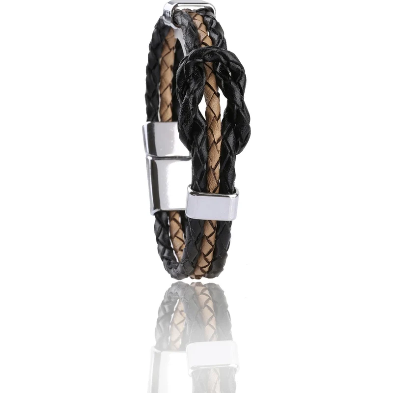 Kravatkolik Black - Beige Leather Steel Bracelet BLK1385