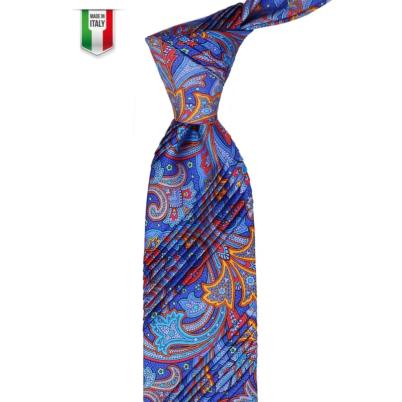 Kravatkolik Blue Shawl Pattern Pleated Silk Tie EST129