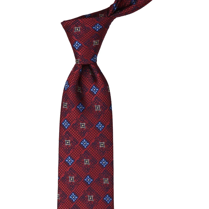 Kravatkolik Classic Tie With Red Motif Patterned Handkerchief KK10212
