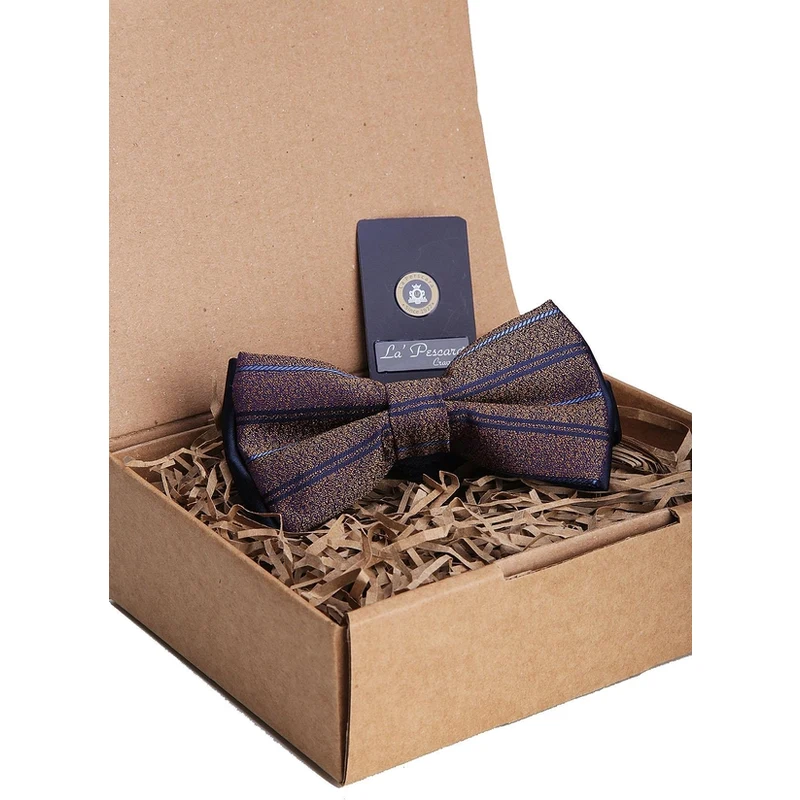 Kravatkolik Orange - Navy Blue Line Pattern Bow Tie P1164